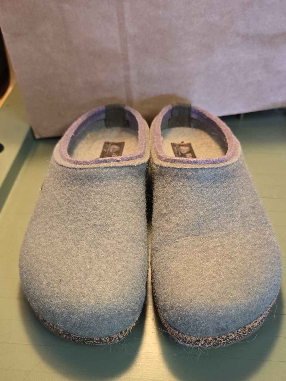 Haflinger Grizzly Kris Moss Green Wool Felt Slip-On Clogs with Grey Trim